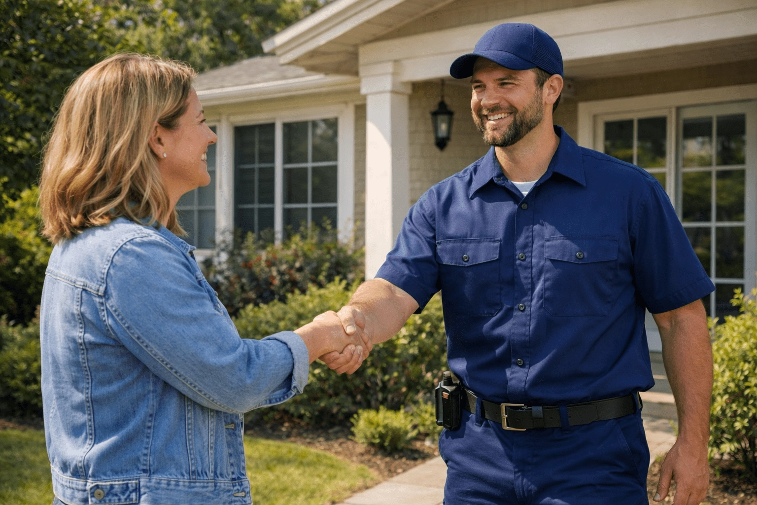 HVAC technician in a navy uniform shaking hands with a smiling homeowner outside a suburban home on a sunny day