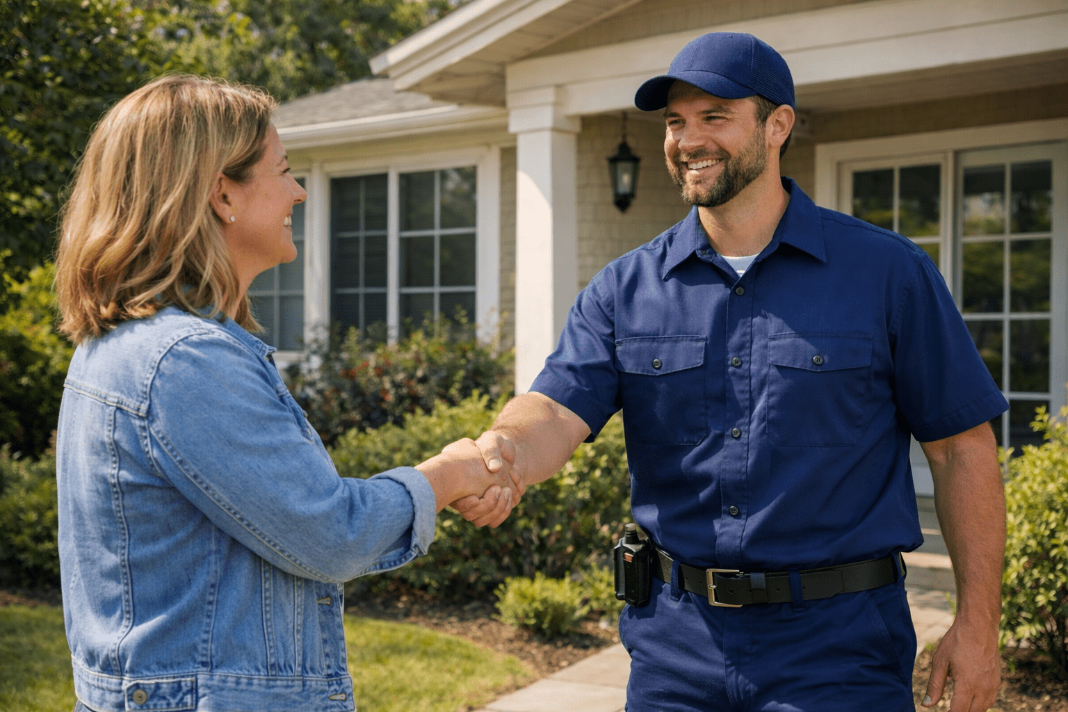 HVAC technician in a navy uniform shaking hands with a smiling homeowner outside a suburban home on a sunny day