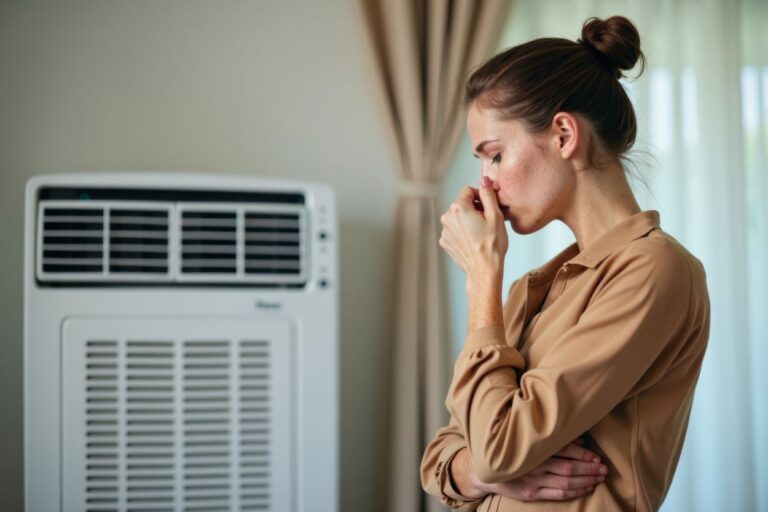 Woman grimacing as she stands in front of foul-smelling air conditioner, holding her nose