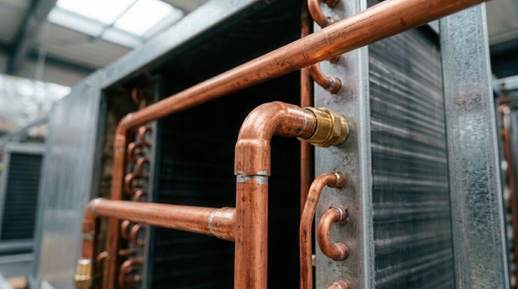 HVAC technical detail featuring copper pipes connected to a cooling coil for system maintenance.