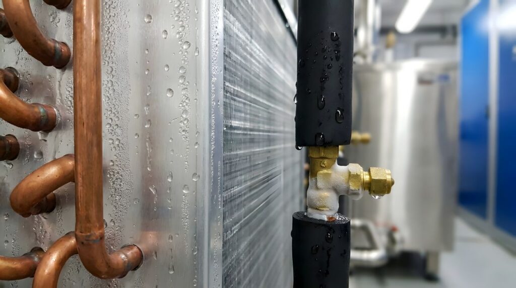 Close-up view of a condensing unit's evaporator coil with water droplets, highlighting intricate copper piping and metal fins, suggesting industrial refrigeration or HVAC ... See More
