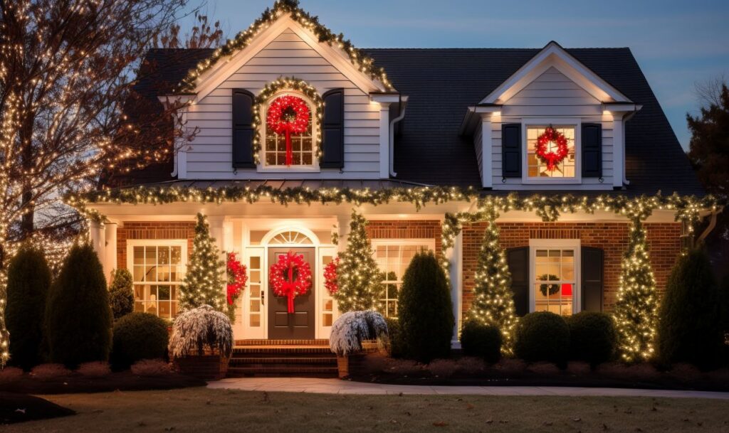 A house covered with christmas lights and festive decorations for the holiday season