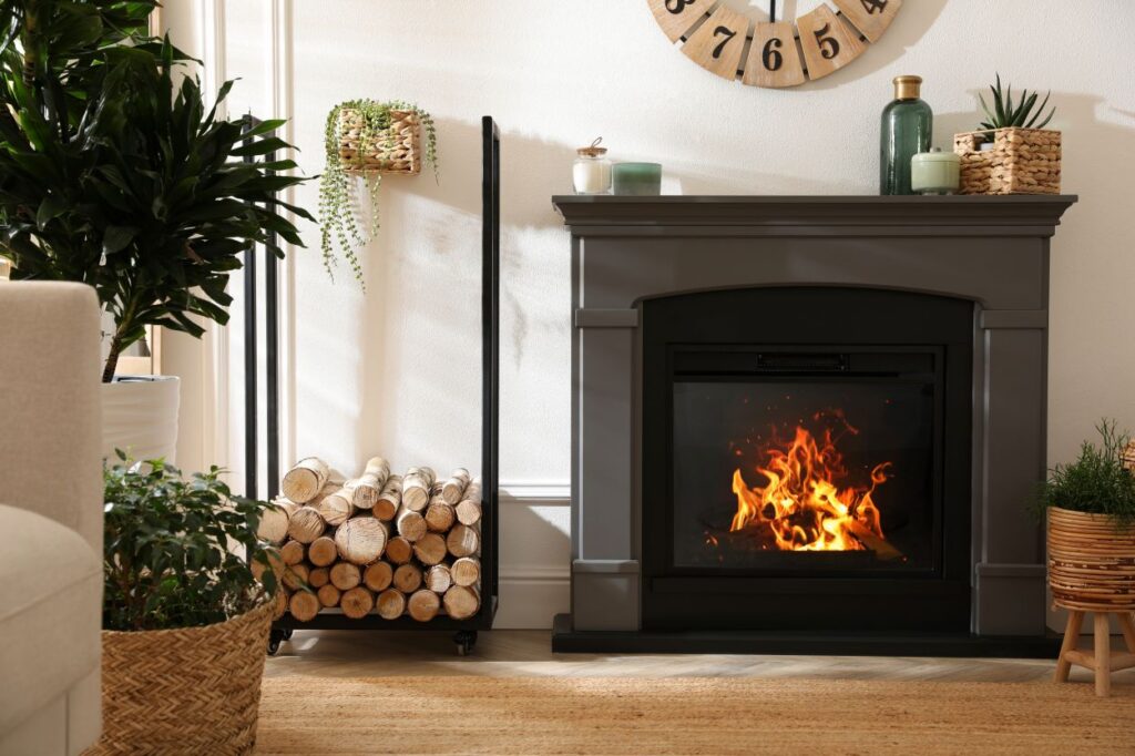 Stylish room interior with electric fireplace and beautiful decor elements